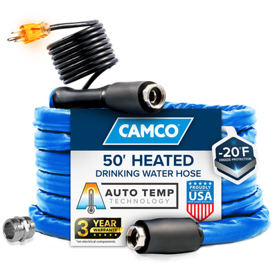 Camco 50 Ft Heated Water Hose for RV with Freeze Protection and Adapter, Blue - VMInnovations