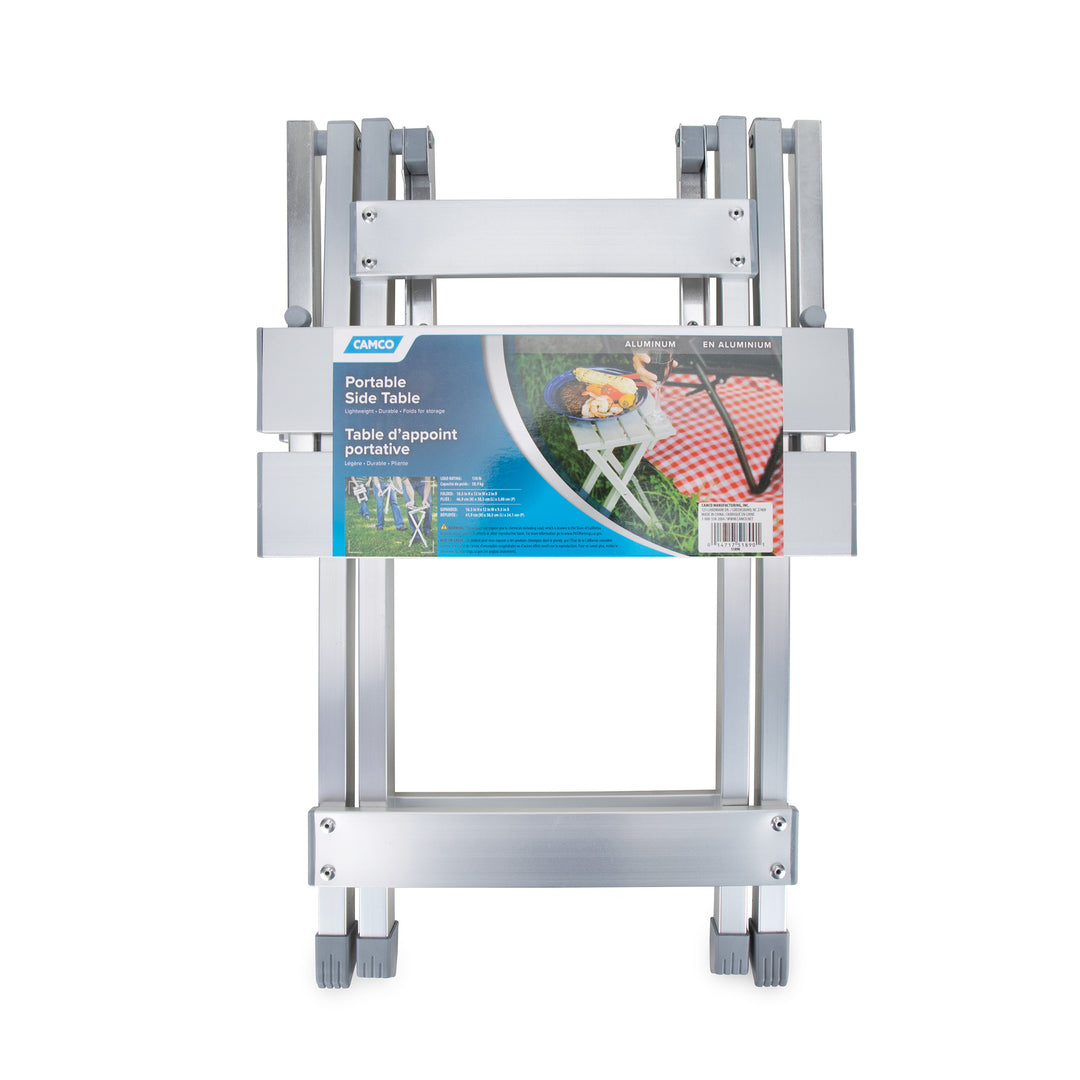 Camco Fold-Away Aluminum Small End Table for Indoor or Outdoor Use, Silver - VMInnovations