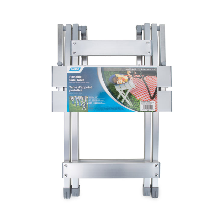 Camco Fold-Away Aluminum Small End Table for Indoor or Outdoor Use, Silver - VMInnovations