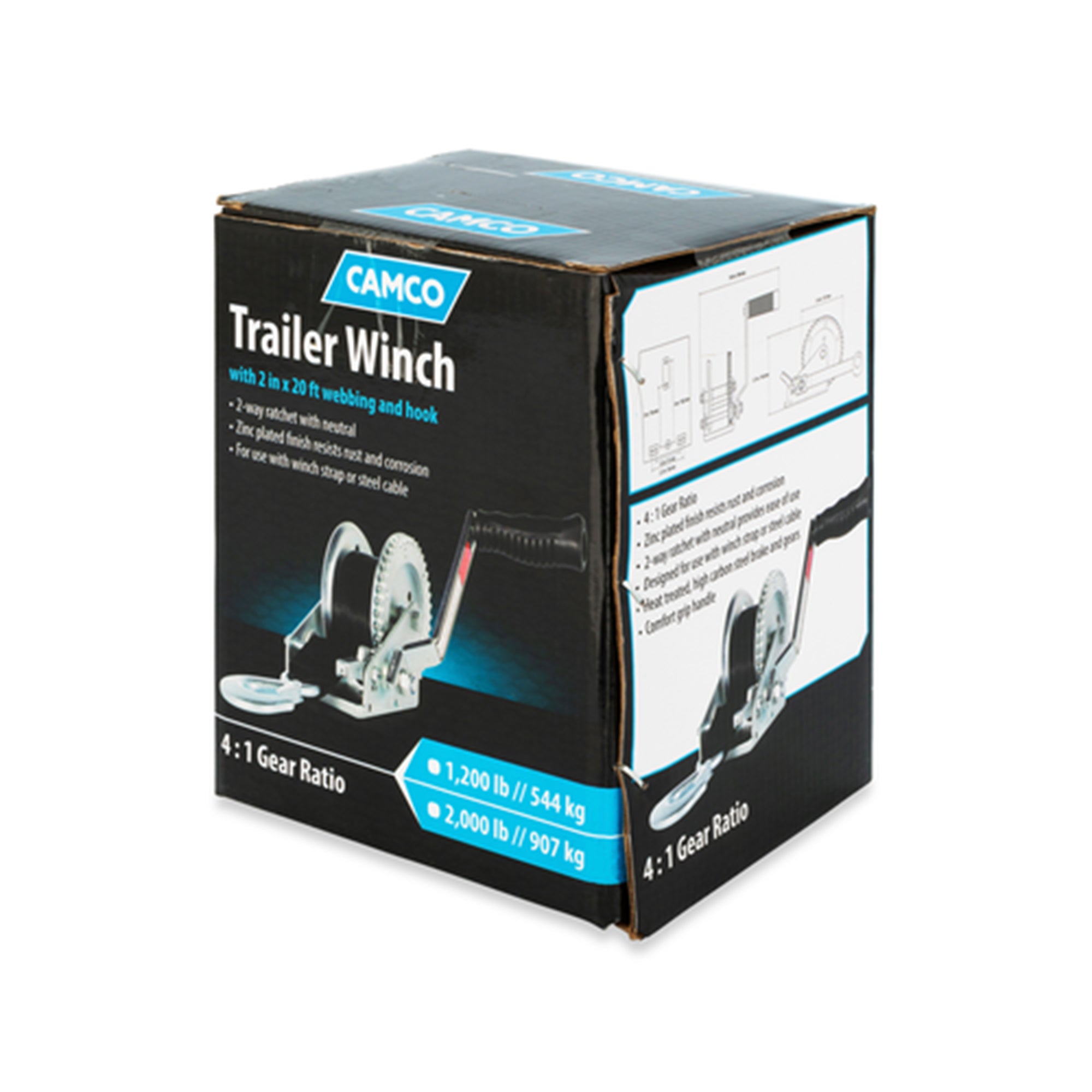 Camco Hand Crank Boat Trailer Winch w/ 20' Strap, 2 Way Ratchet, 2000lb Capacity - VMInnovations