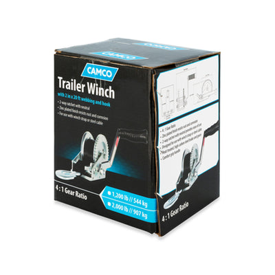 Camco Hand Crank Boat Trailer Winch w/ 20' Strap, 2 Way Ratchet, 2000lb Capacity - VMInnovations