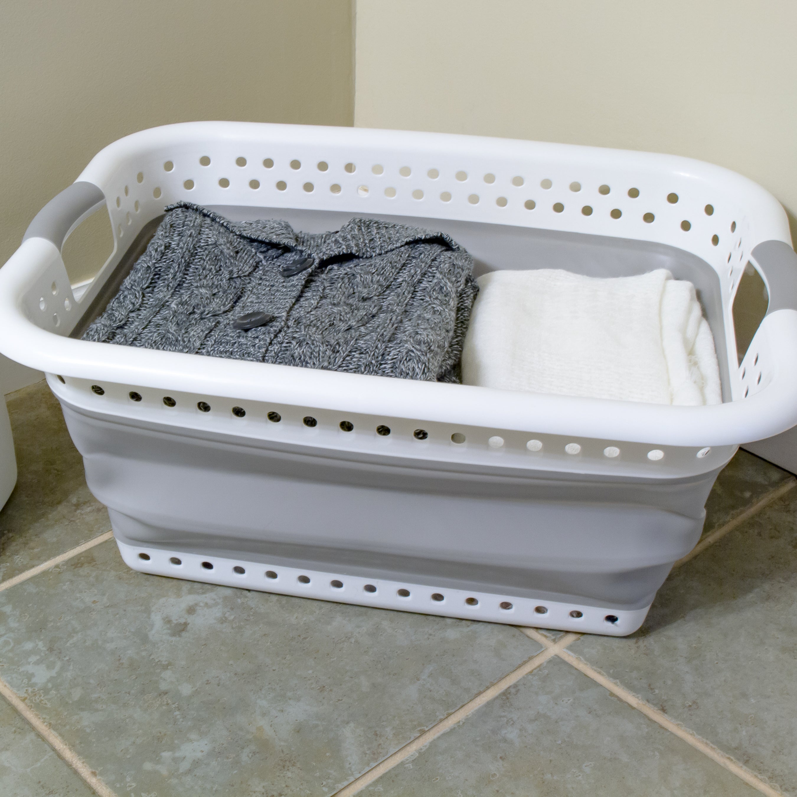 Camco Collapsible Laundry Basket, Plastic Bin, Handles for Storage, Large, White