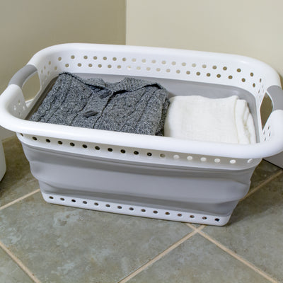Camco Collapsible Laundry Basket, Plastic Bin, Handles for Storage, Large, White