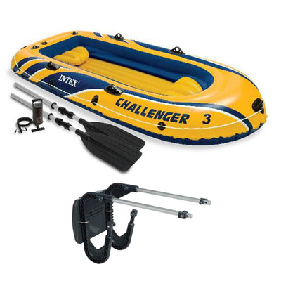 Intex Challenger 3 Boat 2 Person Raft & Oar Set Inflatable with Motor Mount Kit - VMInnovations