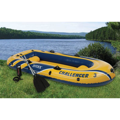 Intex Challenger 3 Boat 2 Person Raft & Oar Set Inflatable with Motor Mount Kit - VMInnovations