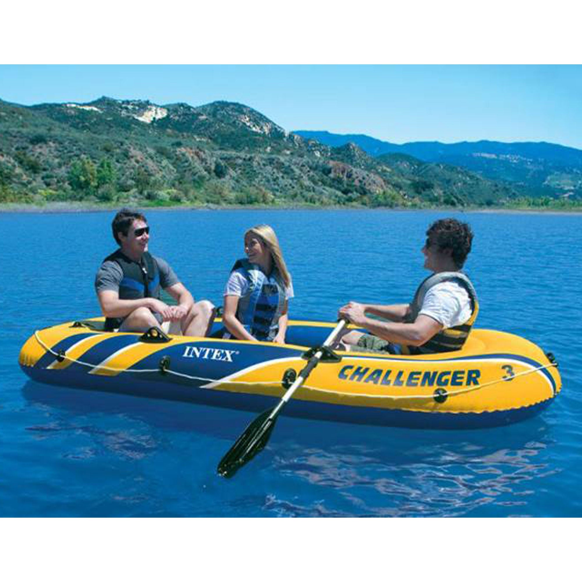 Intex Challenger 3 Boat 2 Person Raft & Oar Set Inflatable with Motor Mount Kit - VMInnovations