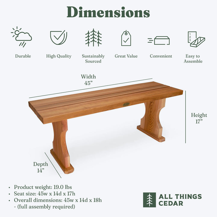 All Things Cedar 45” Deluxe Wood Backless Bench, Indoor Outdoor Seating, Natural