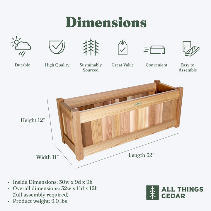 All Things Cedar 32 Inch Planter Box, Garden Bed for Flowers, Herbs & Vegetables