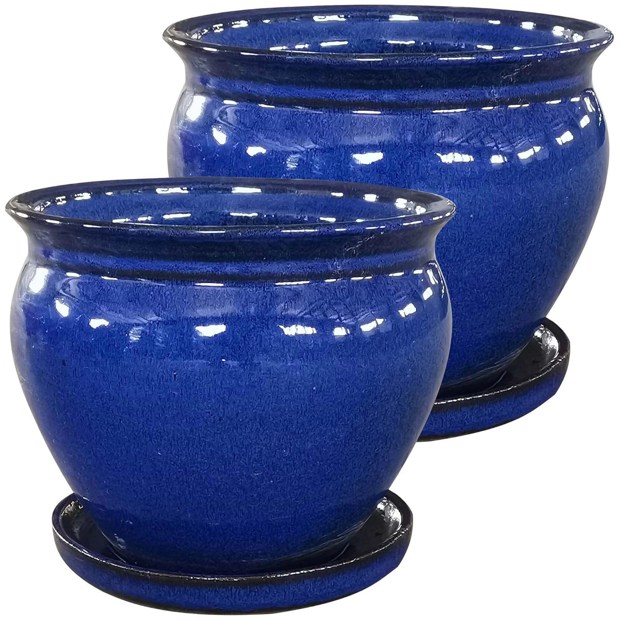 Southern Patio Cermaic Outdoor 8 Inch Planter and Saucer Tray, Blue, 2 Pack