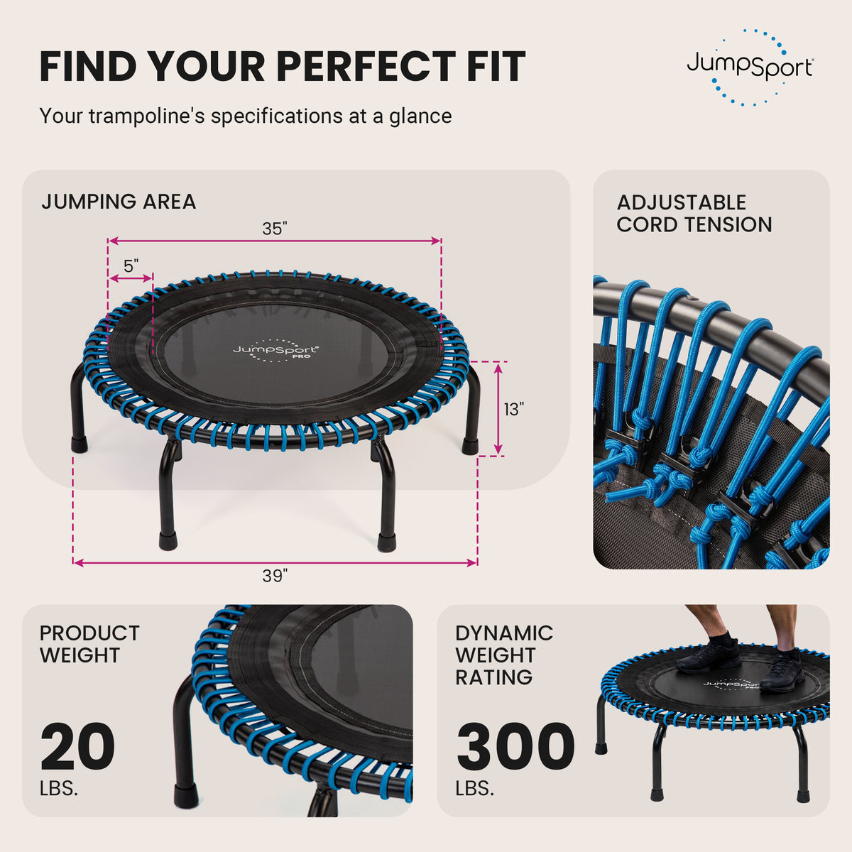 JumpSport 350 PRO 39 Inch Fitness Trampoline with Blue EnduroLast Elastic Cords
