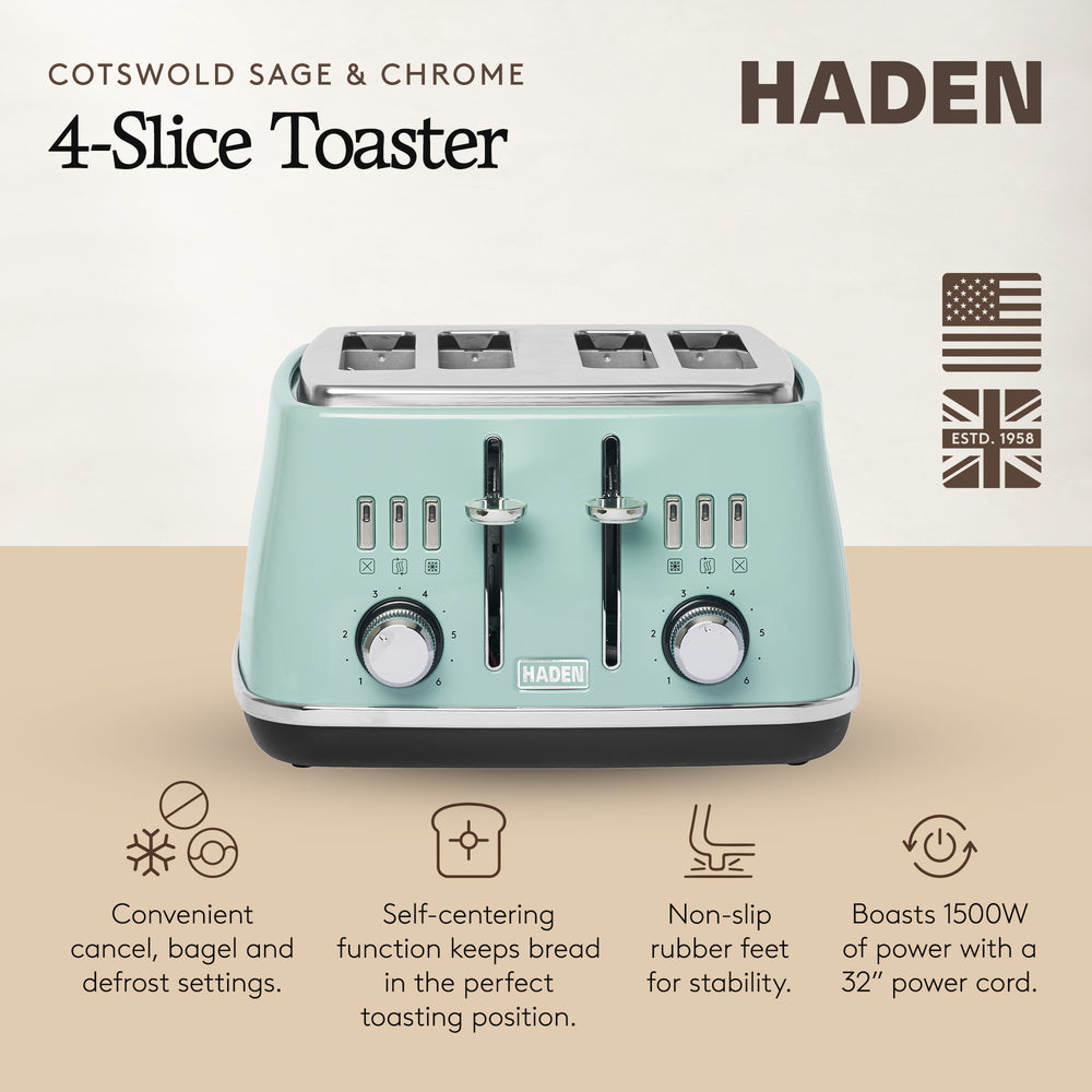 Haden Cotswold 4 Slice Extra Wide Slot Stainless Steel Toaster with Tray, Sage - VMInnovations
