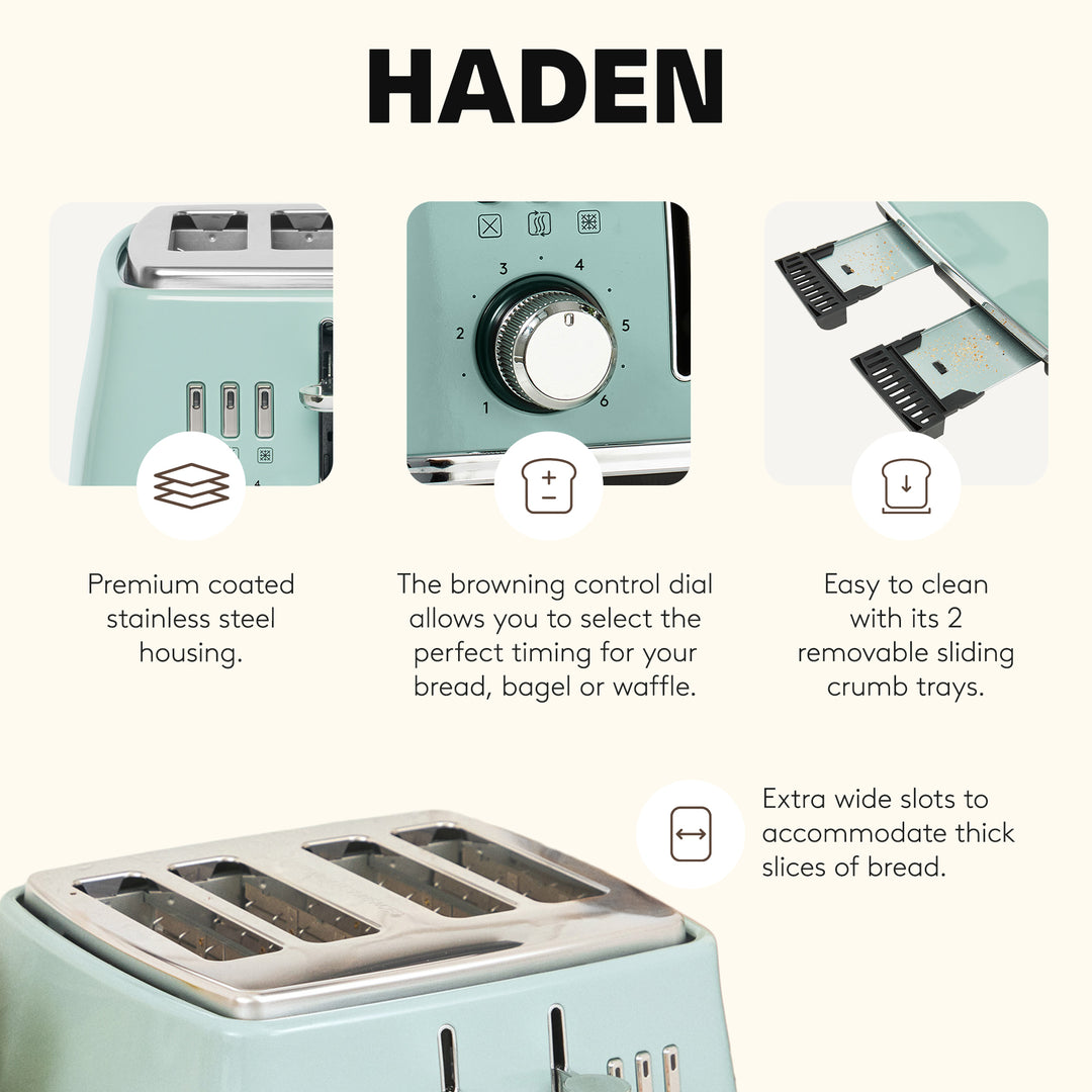 Haden Cotswold 4 Slice Extra Wide Slot Stainless Steel Toaster with Tray, Sage - VMInnovations