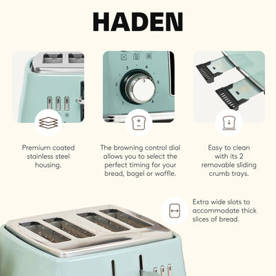 Haden Cotswold 4 Slice Extra Wide Slot Stainless Steel Toaster with Tray, Sage - VMInnovations