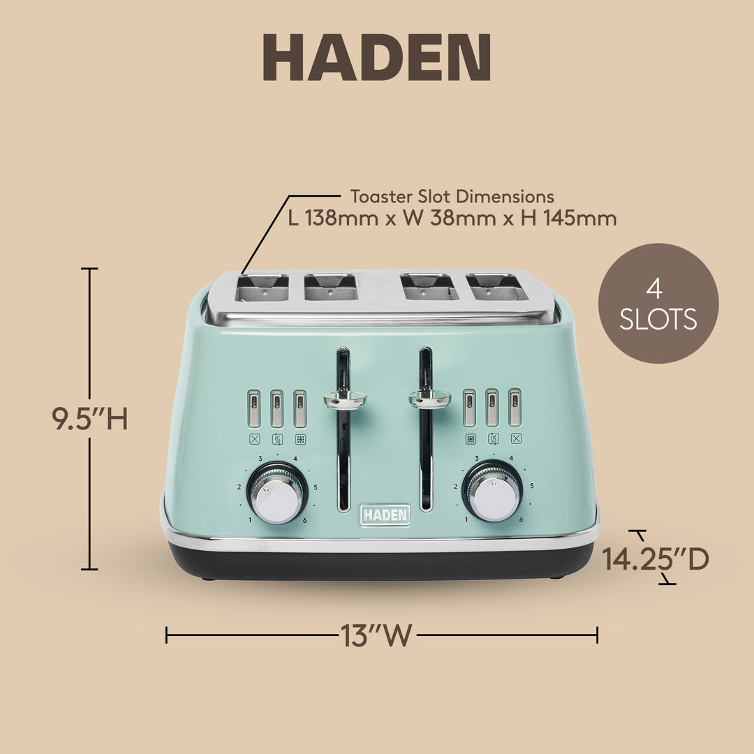Haden Cotswold 4 Slice Extra Wide Slot Stainless Steel Toaster with Tray, Sage - VMInnovations
