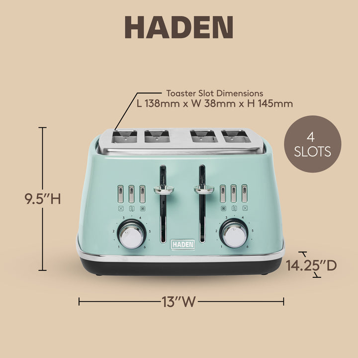 Haden Cotswold 4 Slice Extra Wide Slot Stainless Steel Toaster with Tray, Sage - VMInnovations