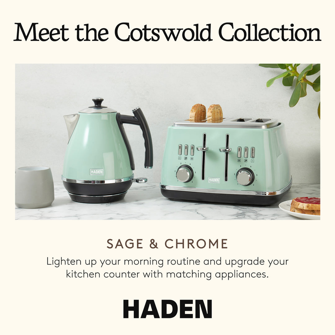 Haden Cotswold 4 Slice Extra Wide Slot Stainless Steel Toaster with Tray, Sage - VMInnovations