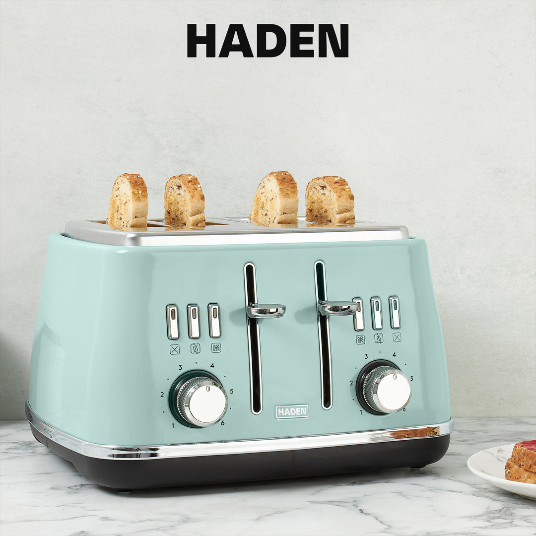 Haden Cotswold 4 Slice Extra Wide Slot Stainless Steel Toaster with Tray, Sage - VMInnovations