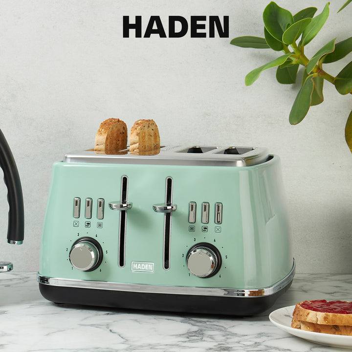Haden Cotswold 4 Slice Extra Wide Slot Stainless Steel Toaster with Tray, Sage - VMInnovations
