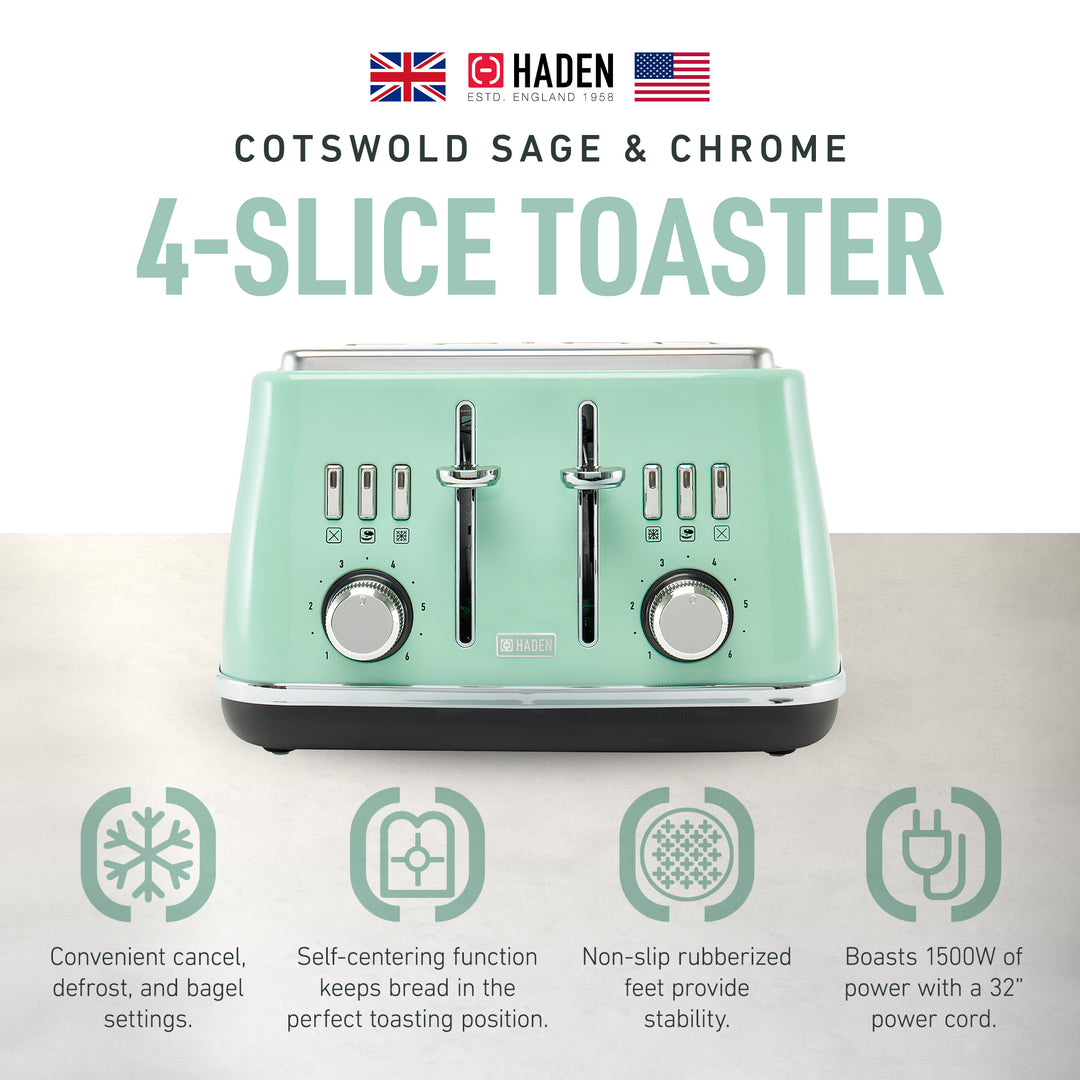 Haden Cotswold 4 Slice Extra Wide Slot Stainless Steel Toaster with Tray, Sage