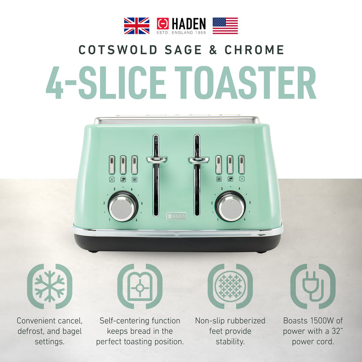 Haden 4 Slice Extra Wide Slot Stainless Steel Toaster w/Tray, Sage (Open Box)