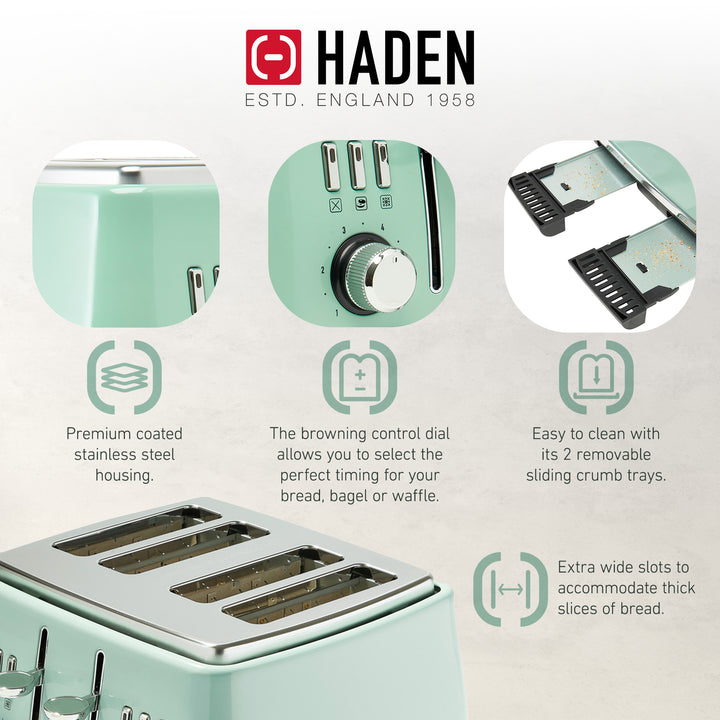 Haden Cotswold 4 Slice Extra Wide Slot Stainless Steel Toaster with Tray, Sage