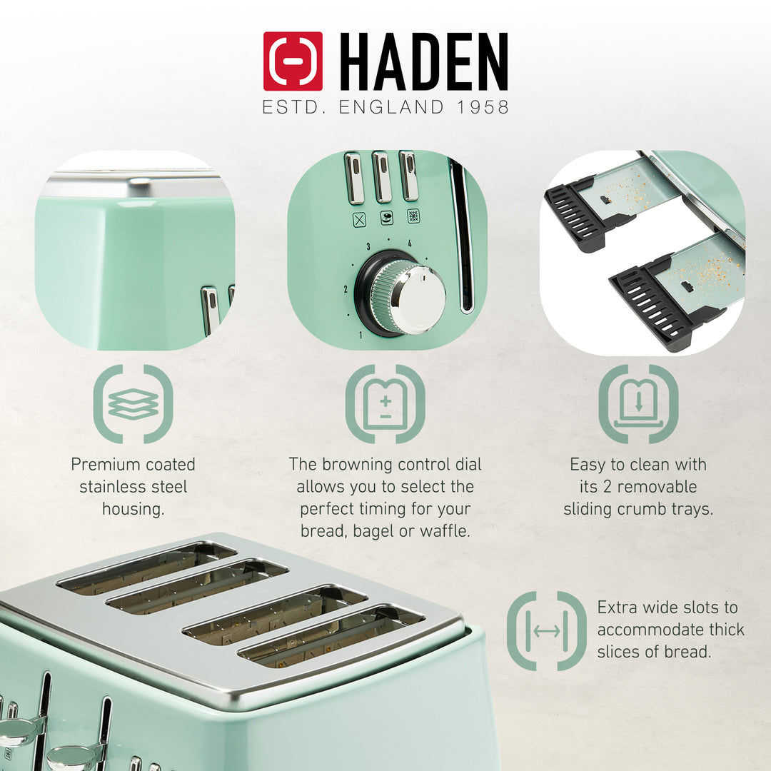 Haden 4 Slice Extra Wide Slot Stainless Steel Toaster w/Tray, Sage (Open Box)