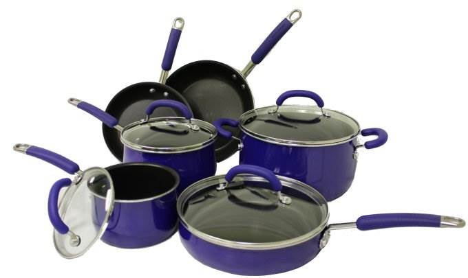 Rachael Ray 10-Piece Porcelain Enamel Cookware Set Nonstick Pots Pans - Blue