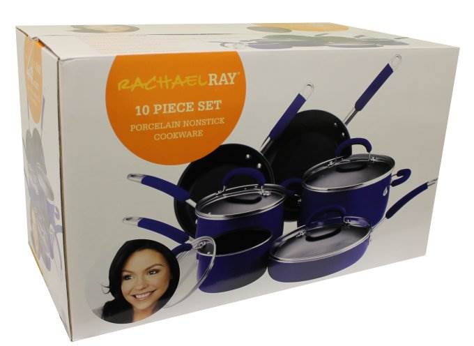 Rachael Ray 10-Piece Porcelain Enamel Cookware Set Nonstick Pots Pans - Blue