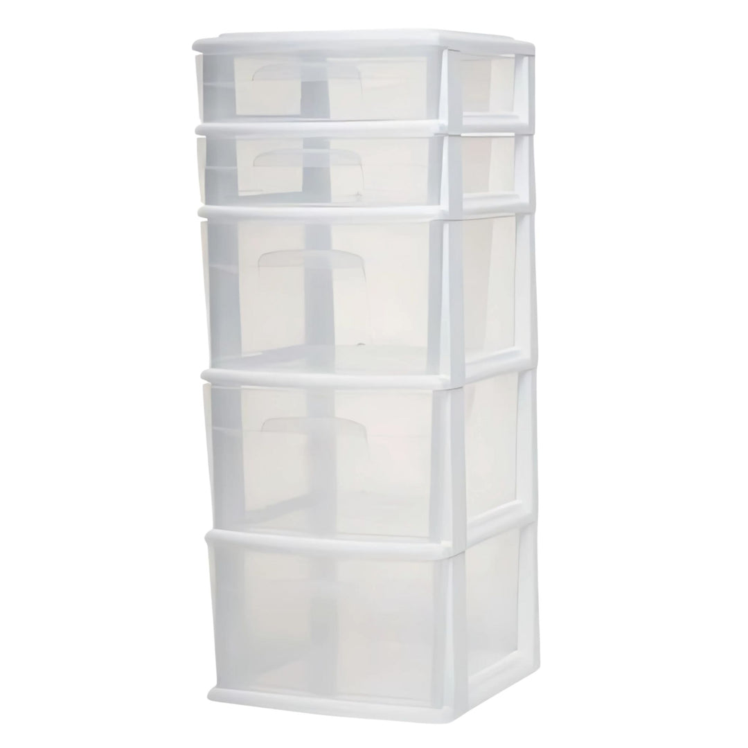 Homz Plastic 5 Drawer Medium Home Storage Cart, White Frame with Clear Drawer