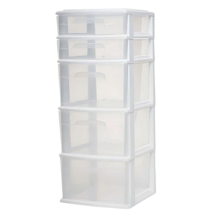 Homz Plastic 5 Drawer Medium Home Storage Cart, White Frame with Clear Drawer
