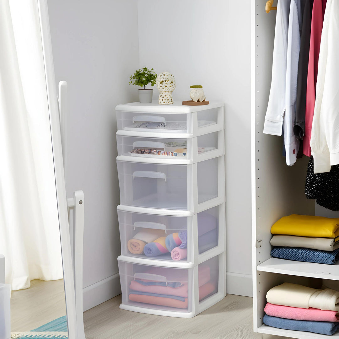 Homz Plastic 5 Drawer Medium Home Storage Cart, White Frame with Clear Drawer