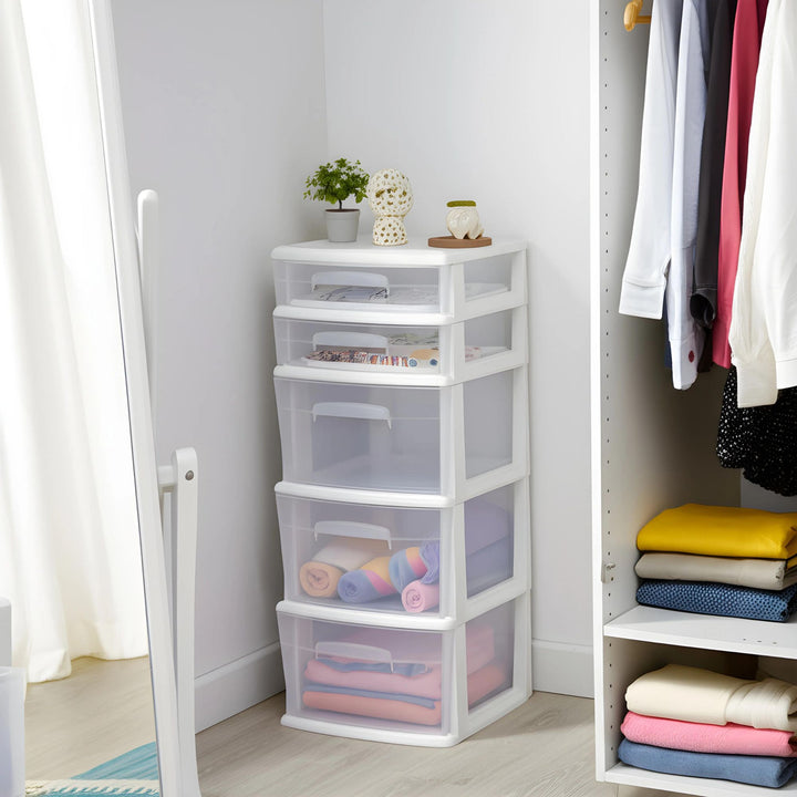Homz Plastic 5 Drawer Medium Home Storage Cart, White Frame with Clear Drawer