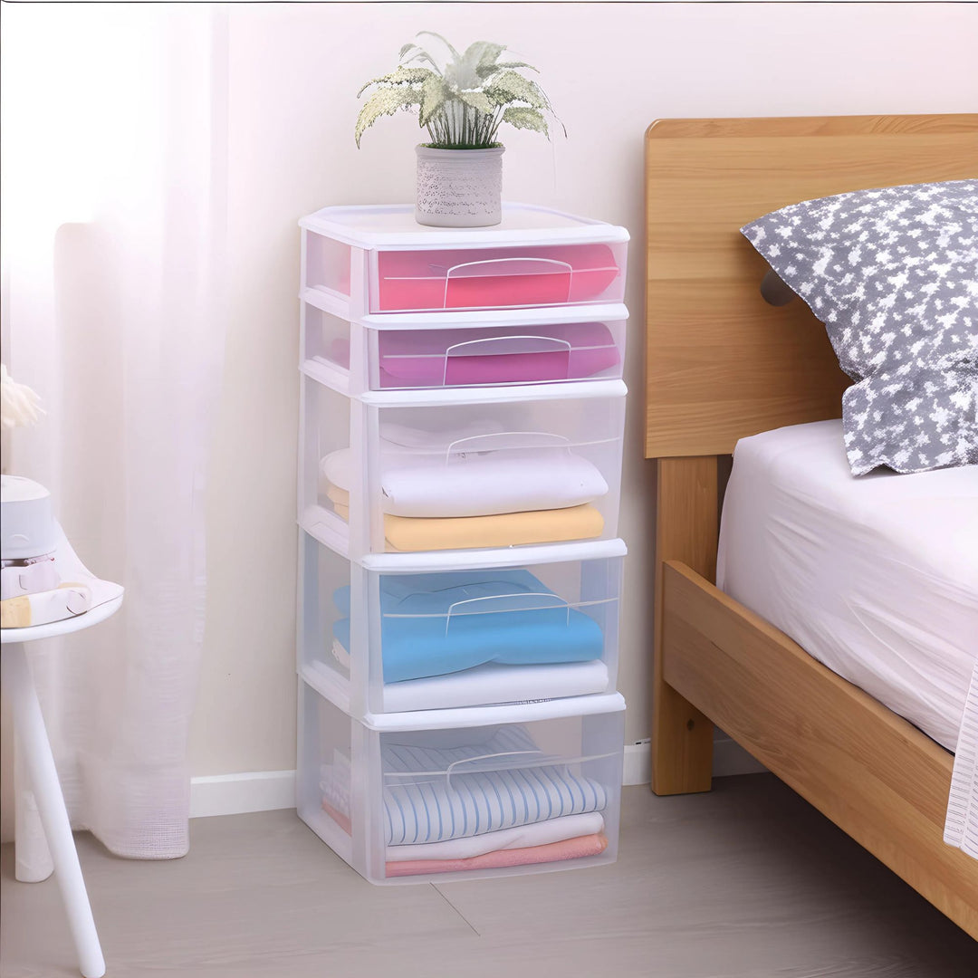 Homz Plastic 5 Drawer Medium Home Storage Cart, White Frame with Clear Drawer