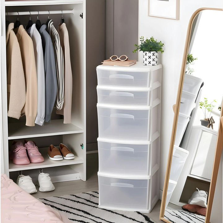 Homz Plastic 5 Drawer Medium Home Storage Cart, White Frame with Clear Drawer