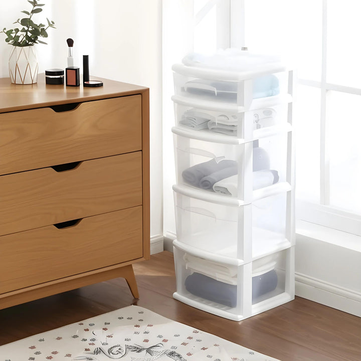 Homz Plastic 5 Drawer Medium Home Storage Cart, White Frame with Clear Drawer