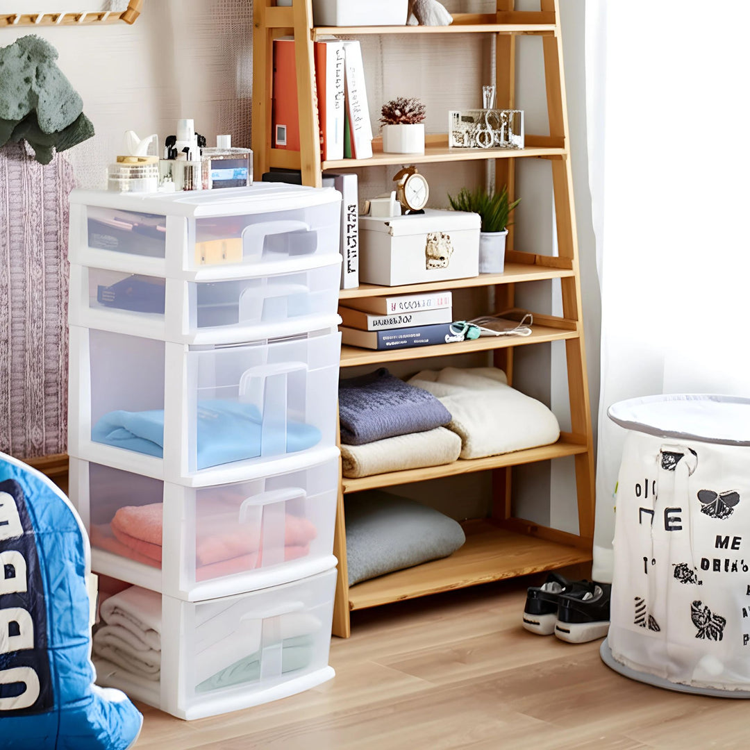 Homz Plastic 5 Drawer Medium Home Storage Cart, White Frame with Clear Drawer - VMInnovations