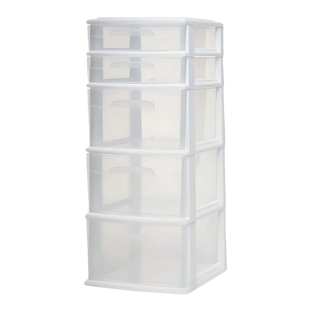 Homz Plastic 5 Drawer Medium Home Storage Cart, White Frame with Clear Drawer