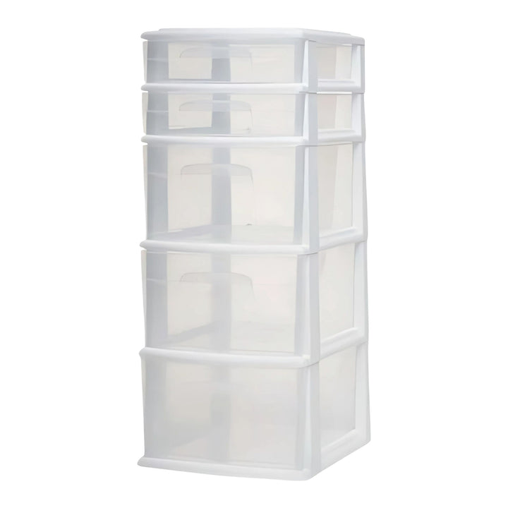 Homz Plastic 5 Drawer Medium Home Storage Cart, White Frame with Clear Drawer