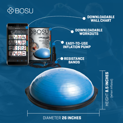 Bosu Pro 26” Strength Trainer Ball Balance Board with Resistance Bands, Blue - VMInnovations