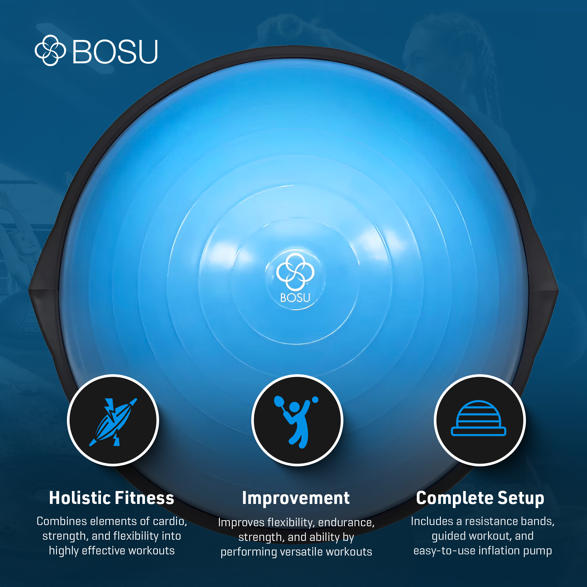 Bosu Pro 26” Strength Trainer Ball Balance Board with Resistance Bands, Blue - VMInnovations