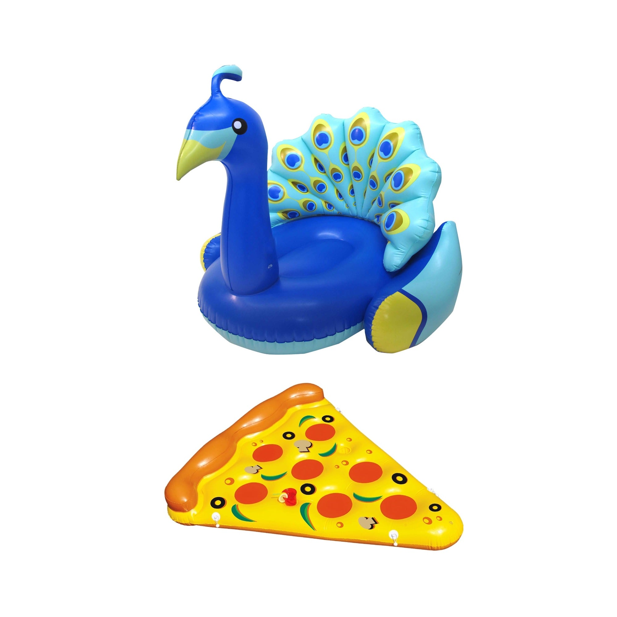 Swimline Giant Peacock Pool Float w/ Backrest and Giant Pizza Slice Pool Lounger