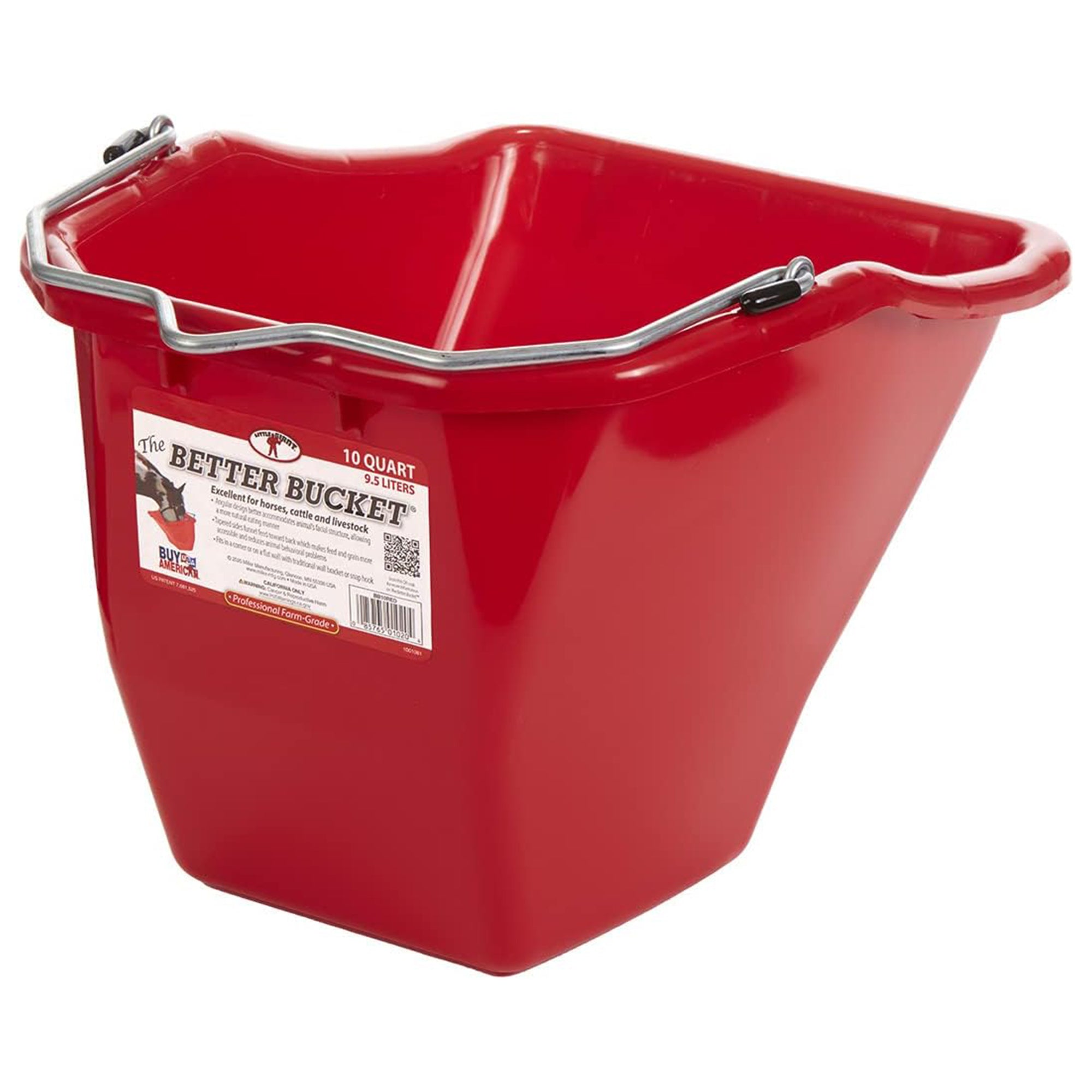 Little Giant Flat Back Plastic Horse Feed Bucket, Metal Handle, 10 Quarts, Red - VMInnovations