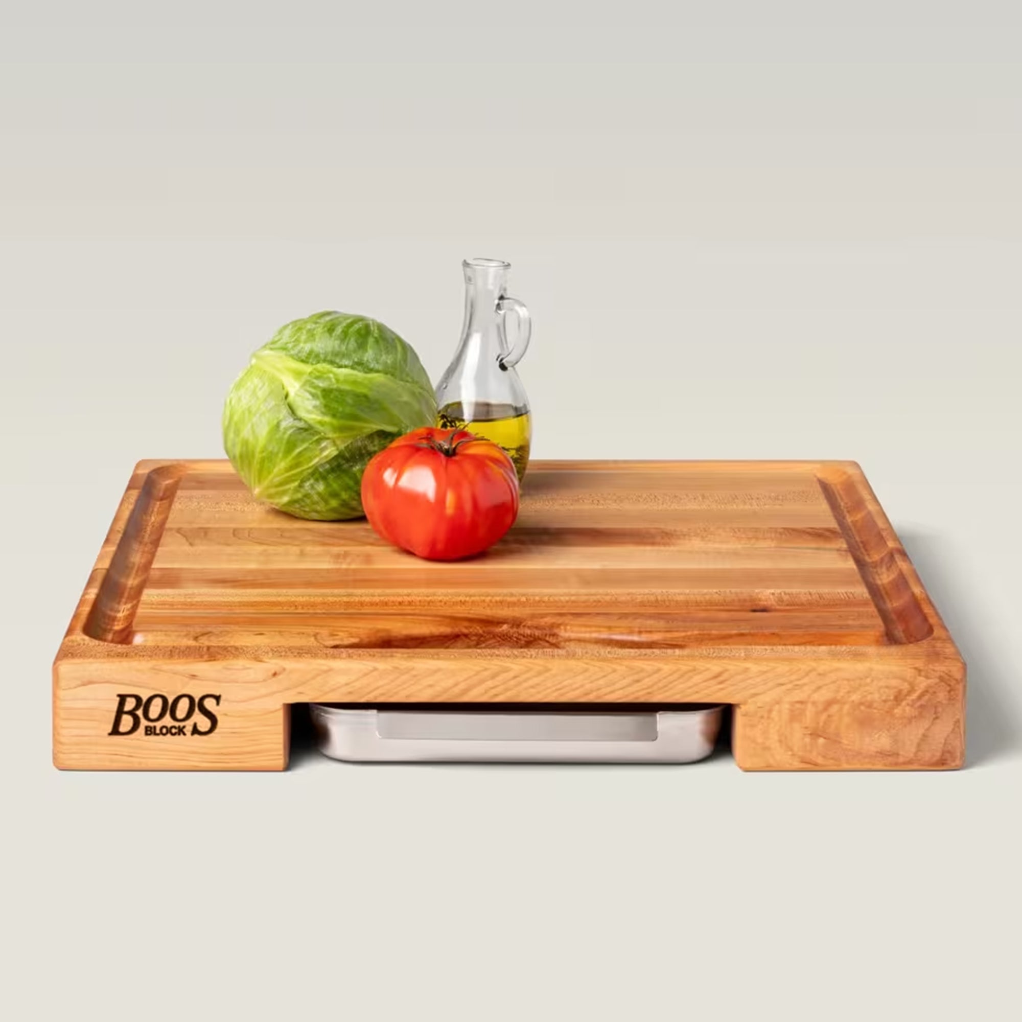 John Boos 18"x18" Reversible Wood Cutting Board with Juice Groove & Tray, Maple