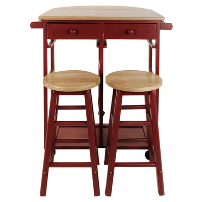 Casual Home Drop Leaf Mobile Breakfast Cart with 2 Wooden Stools, Red (Open Box)