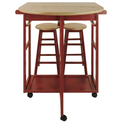 Casual Home Drop Leaf Hardwood Mobile Breakfast Cart 2 Wooden Stools, Red (Used)