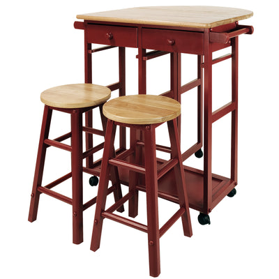 Casual Home Drop Leaf Hardwood Mobile Breakfast Cart 2 Wooden Stools, Red (Used)