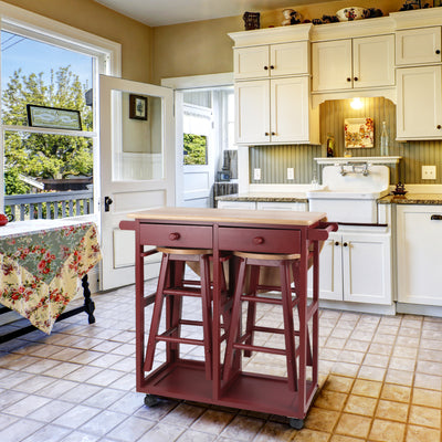 Casual Home Drop Leaf Hardwood Mobile Breakfast Cart 2 Wooden Stools, Red (Used)