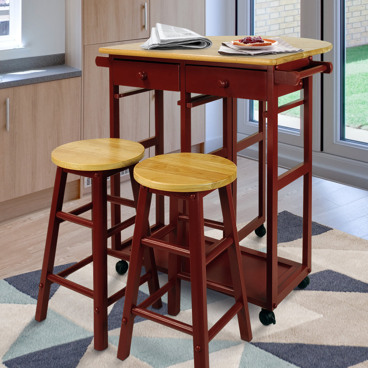 Casual Home Drop Leaf Hardwood Mobile Breakfast Cart 2 Wooden Stools, Red (Used)