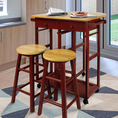 Casual Home Drop Leaf Hardwood Mobile Breakfast Cart 2 Wooden Stools, Red (Used)