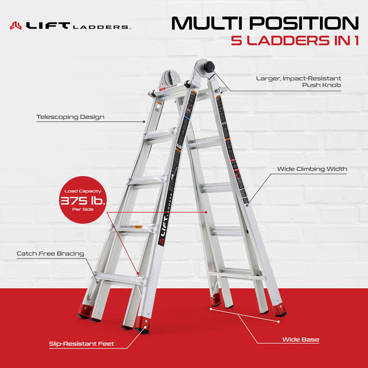 Lift Ladders 22 Foot Reach 5 in 1 Multi Position Aluminum Step Ladder, Silver